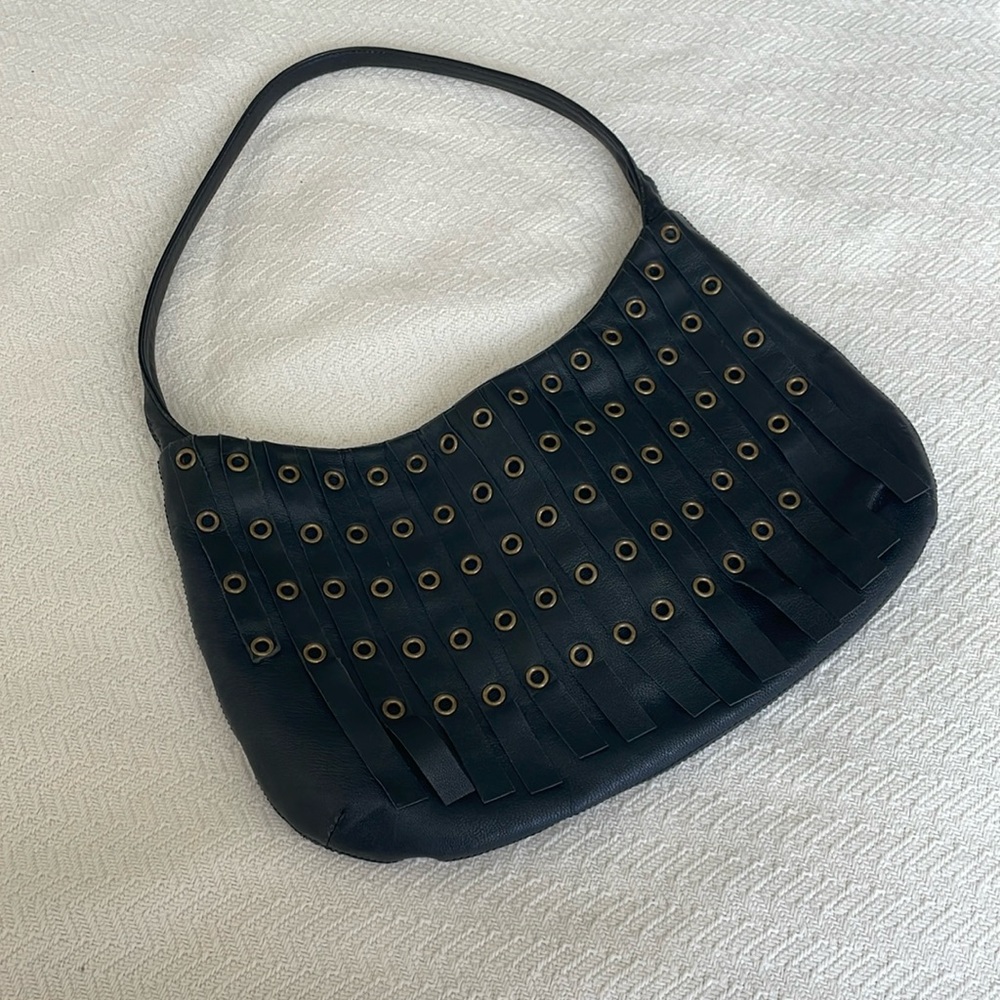 BCBG MaxAzria Vintage Y2K Leather Black Fringe Studded Shoulder Bag